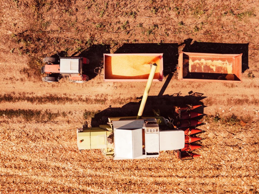 Aerial view of corn seed harvester.