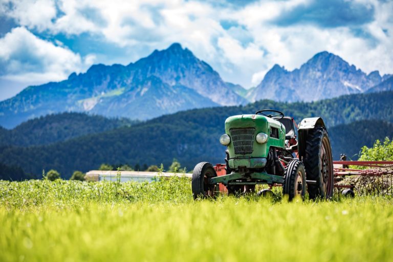 Old tractor sitting in a meadow.